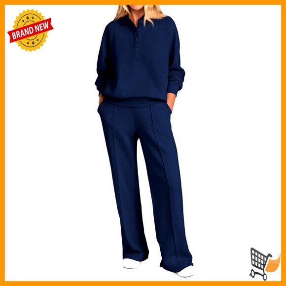 Quarter Button Sweatshirt Wide Leg Pants Lounge Set Soft Stretchy Fabric